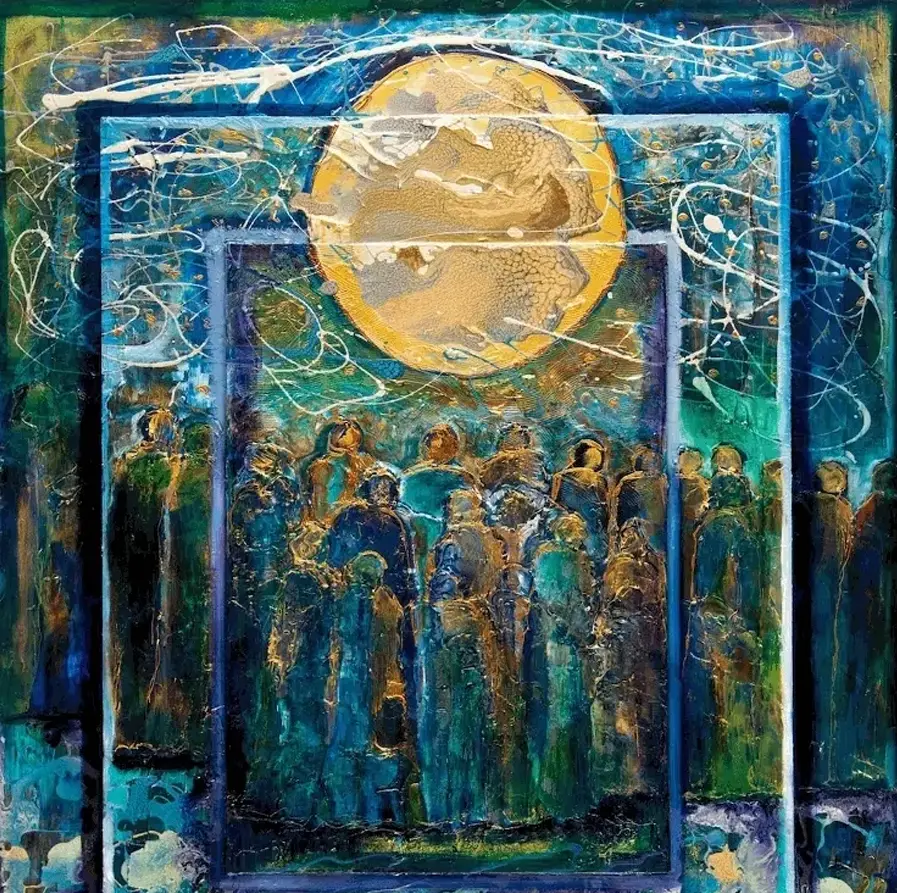 A painting of people standing around in front of the moon.