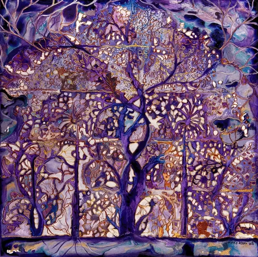 A painting of trees with purple leaves on them.