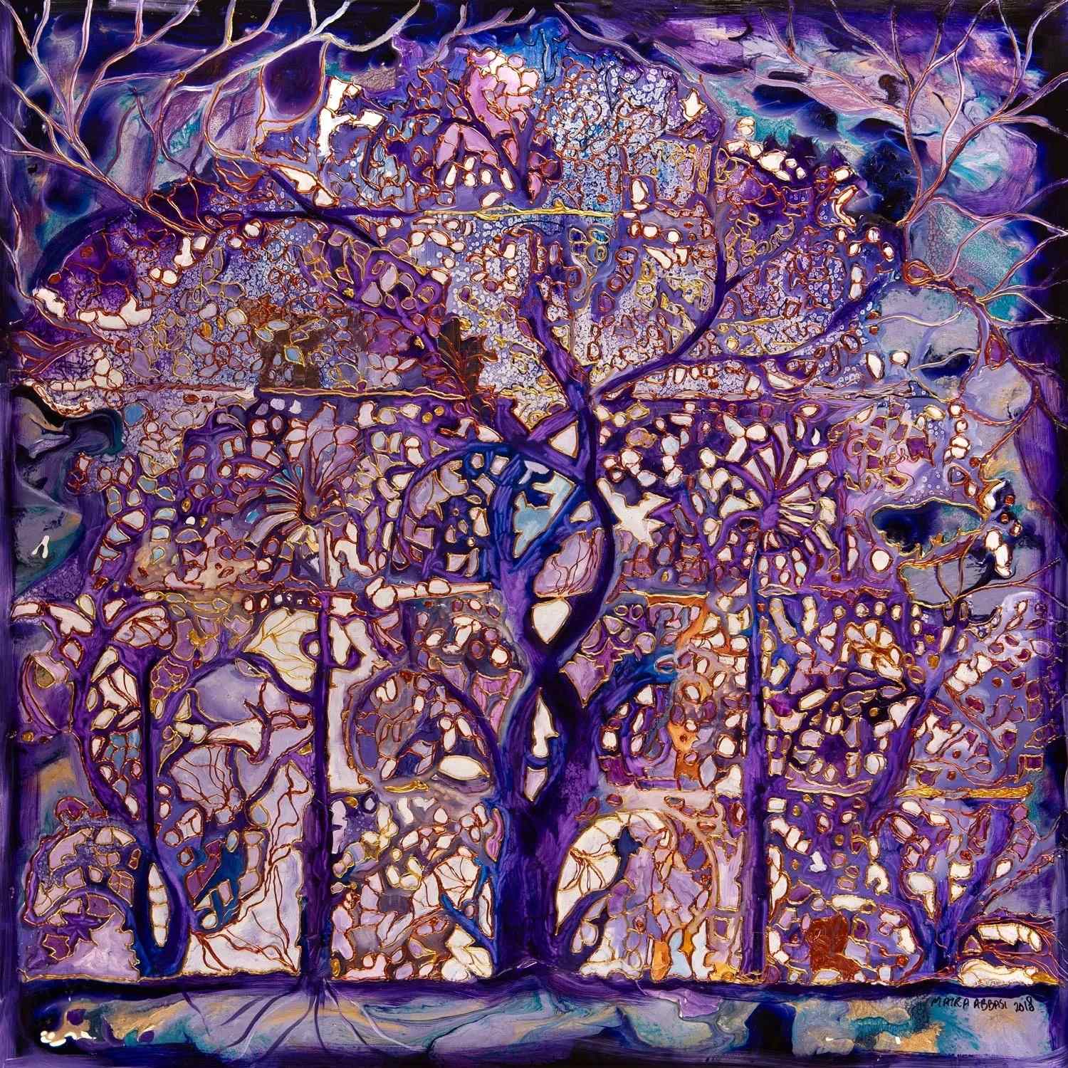 A painting of trees with purple leaves on them.