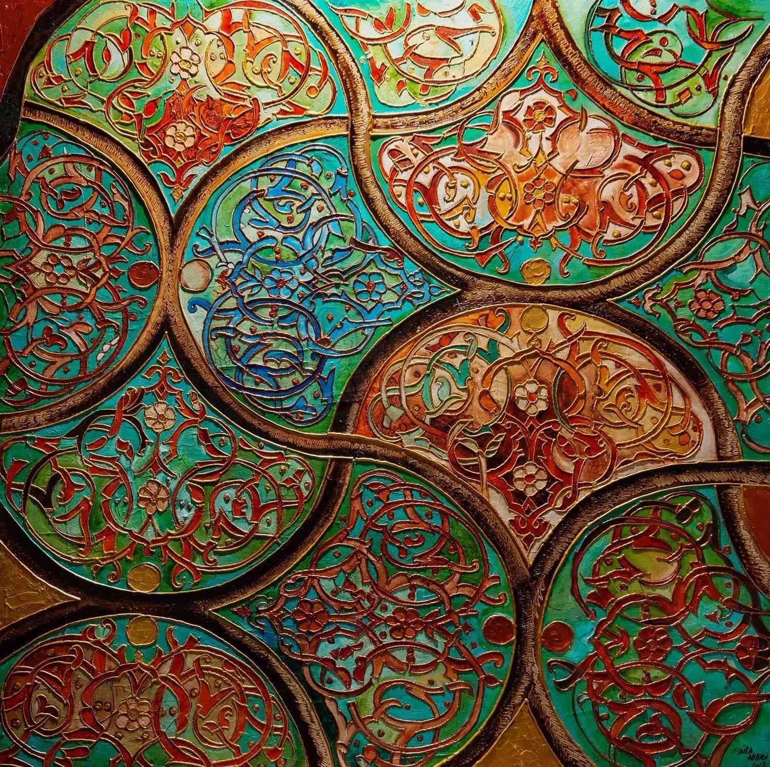 A close up of the colorful circles on the wall