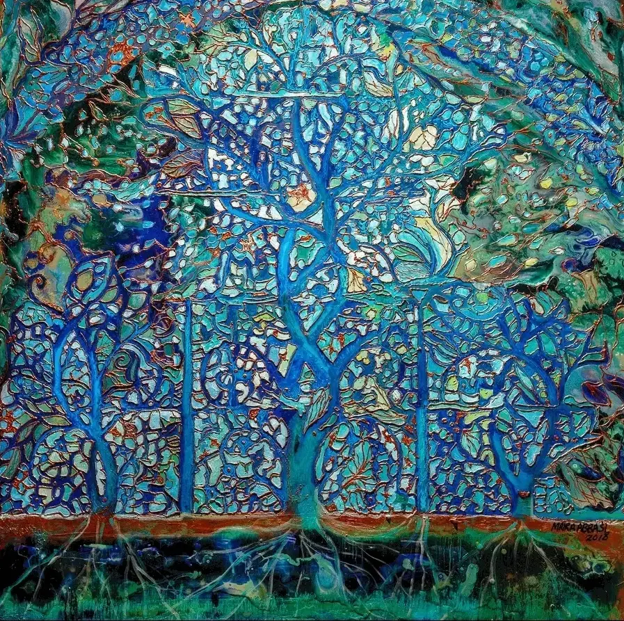 A painting of trees with blue leaves on them