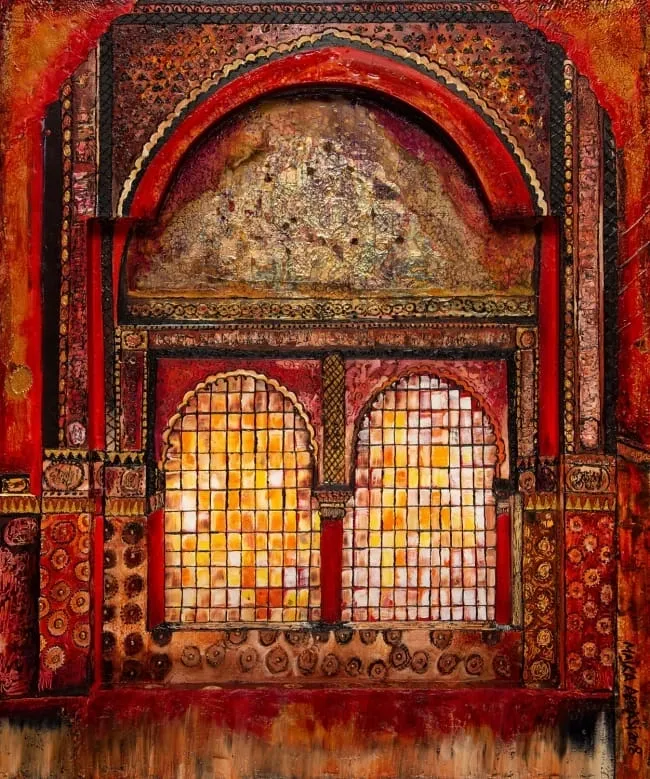 A painting of two windows in an old building.