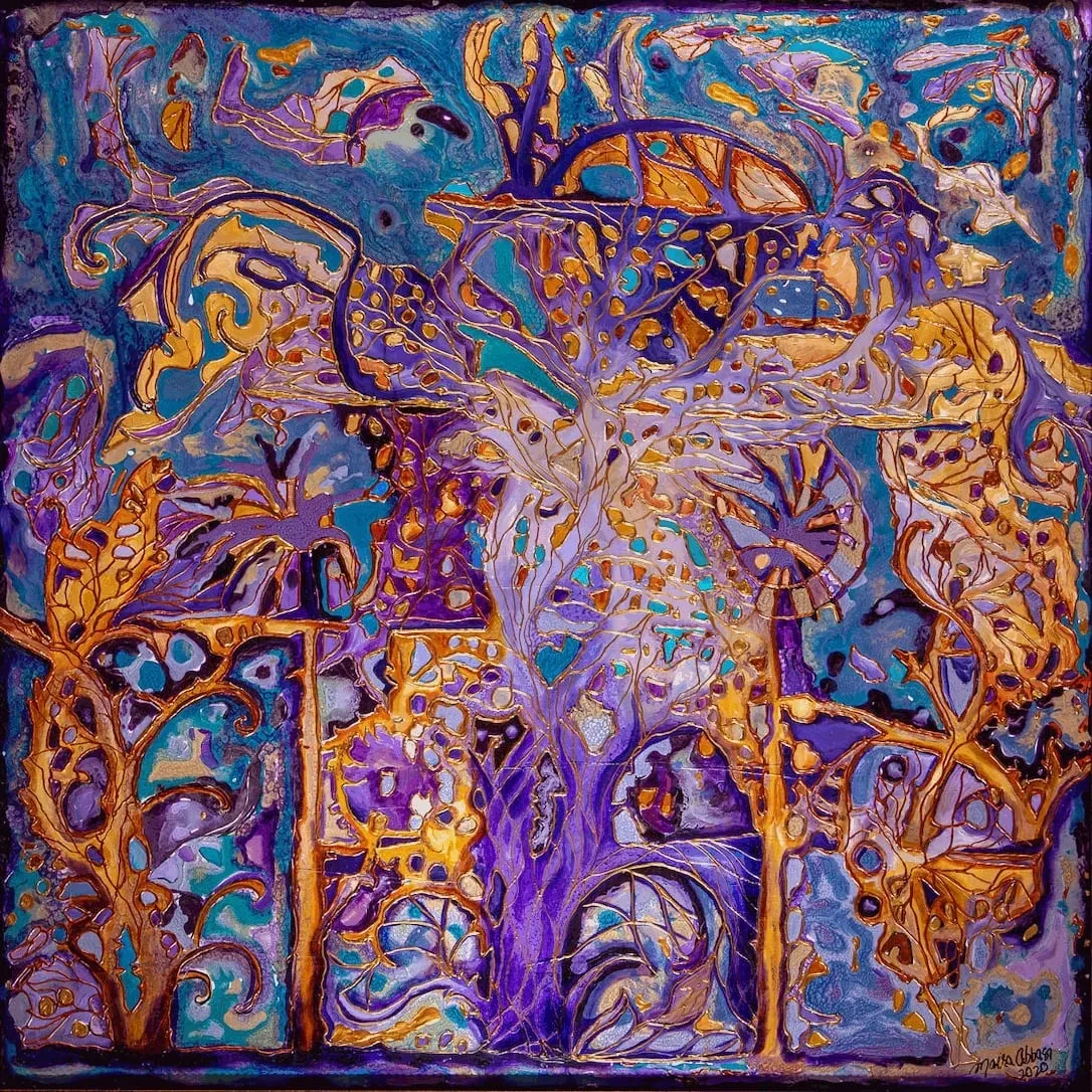 A painting of an abstract scene with purple and gold colors.