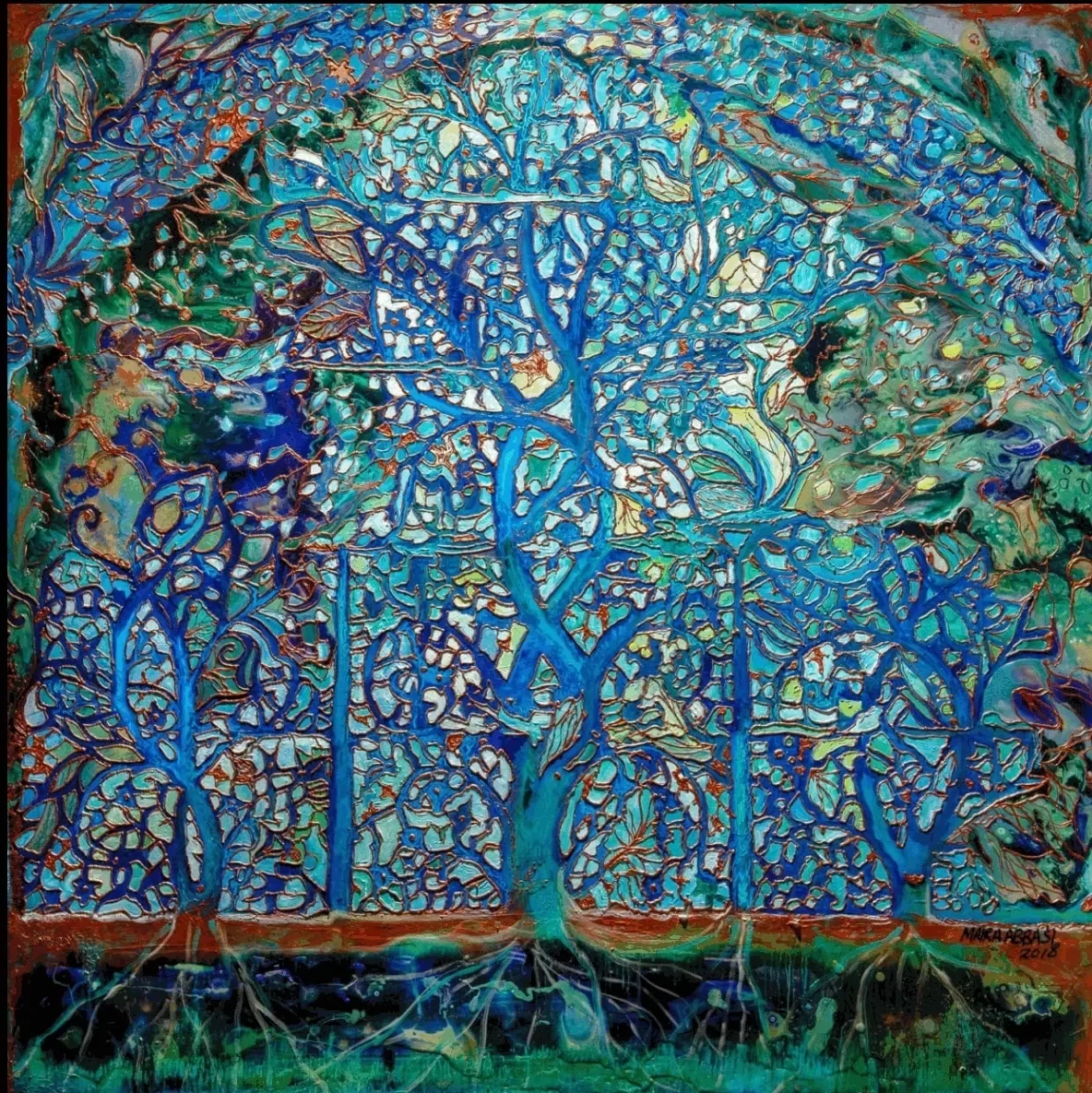 A painting of trees with blue stained glass.