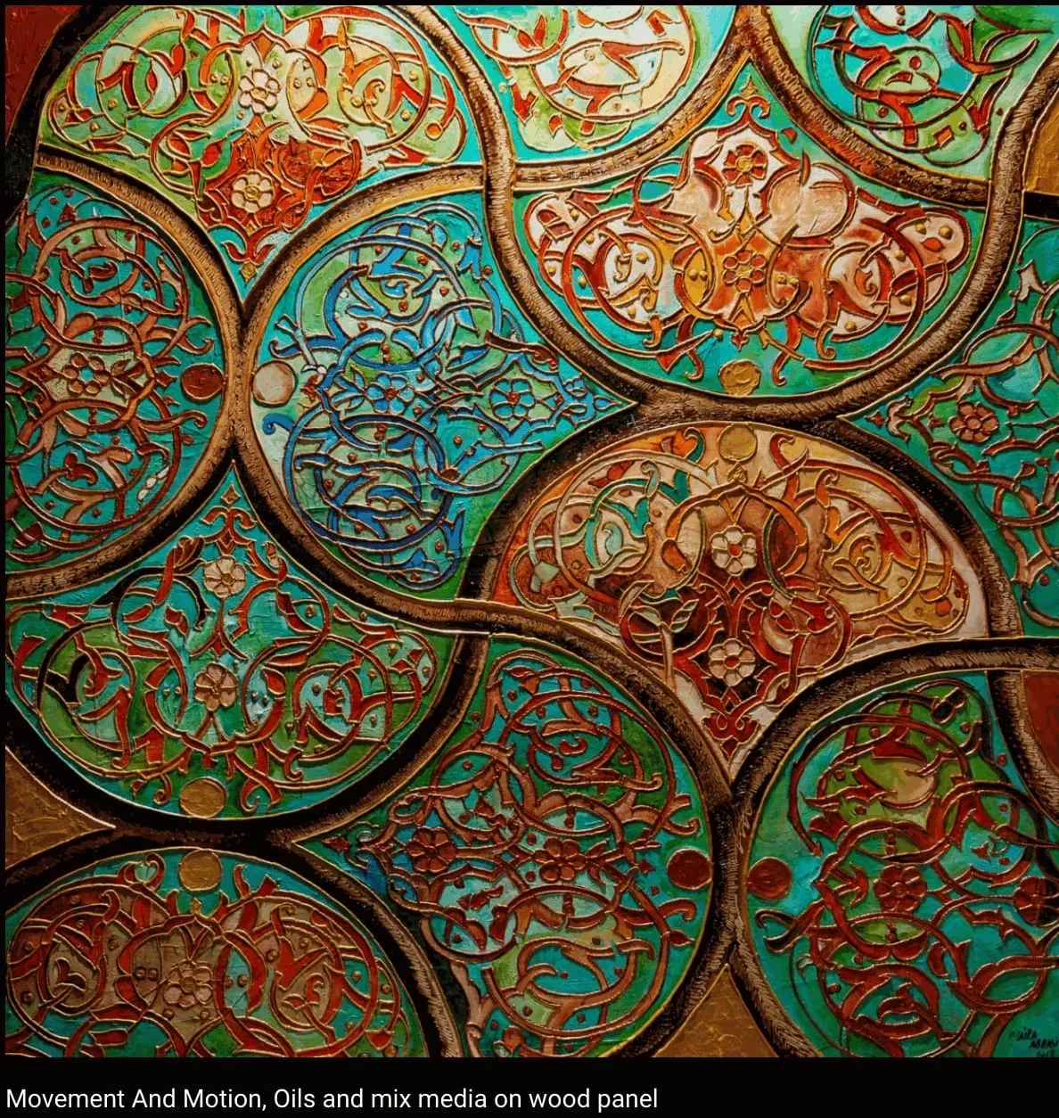 A close up of the colorful circles on the wall.