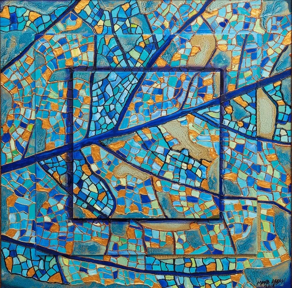 A painting of blue and yellow squares in the middle