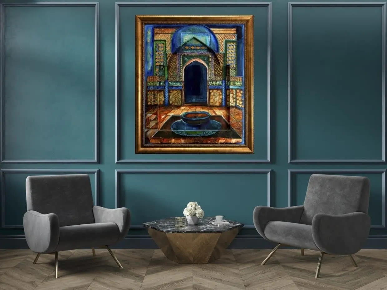 A painting of an old style building in the middle of a room.