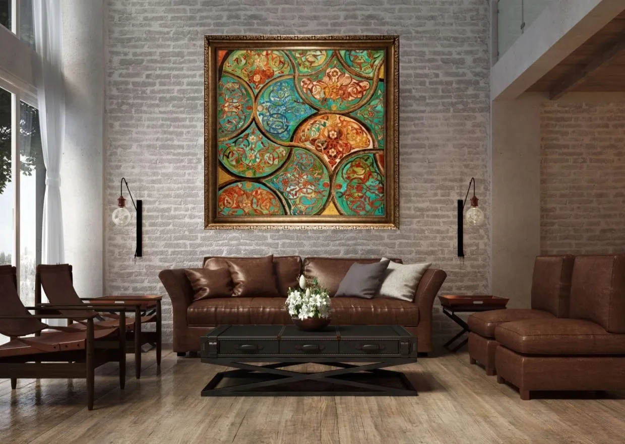 A living room with leather furniture and a painting on the wall.