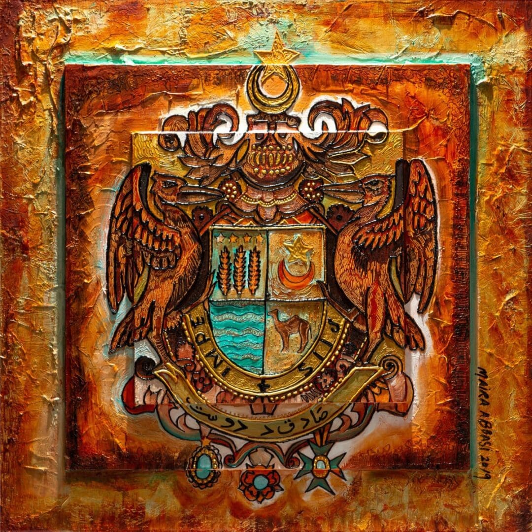 A painting of an eagle and a coat of arms.